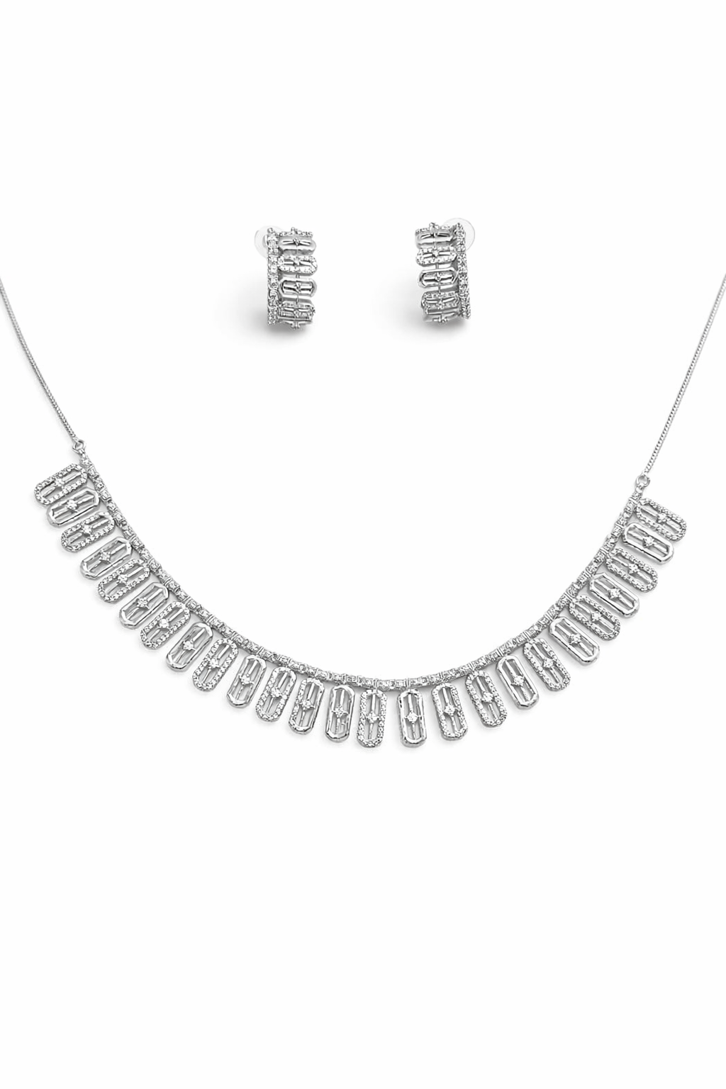 Silver Geometric Necklace Set with Rectangular Drop Design