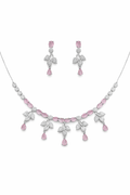 Pink Stone Necklace Set with Leaf Design and Drop Earrings