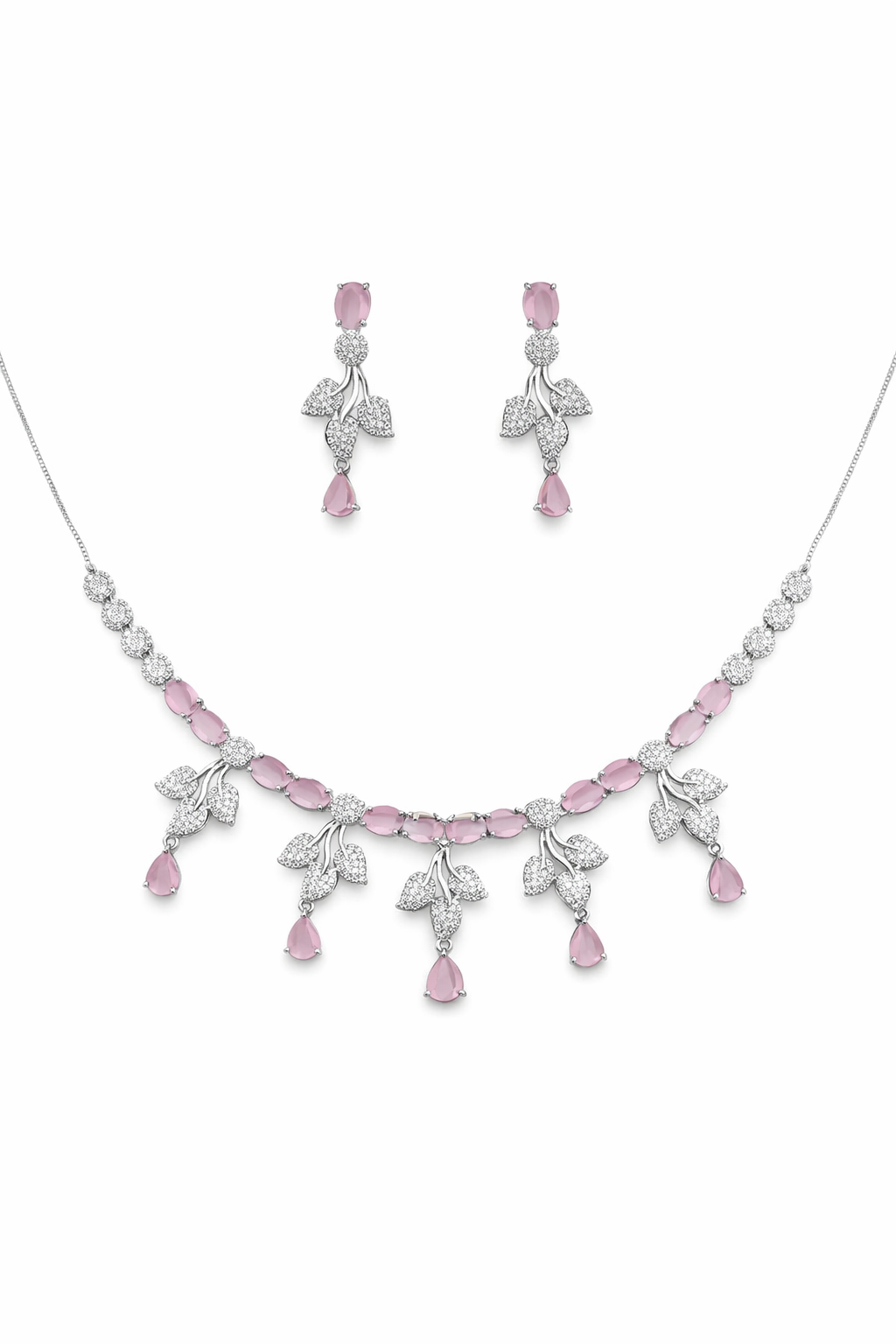 Pink Stone Necklace Set with Leaf Design and Drop Earrings