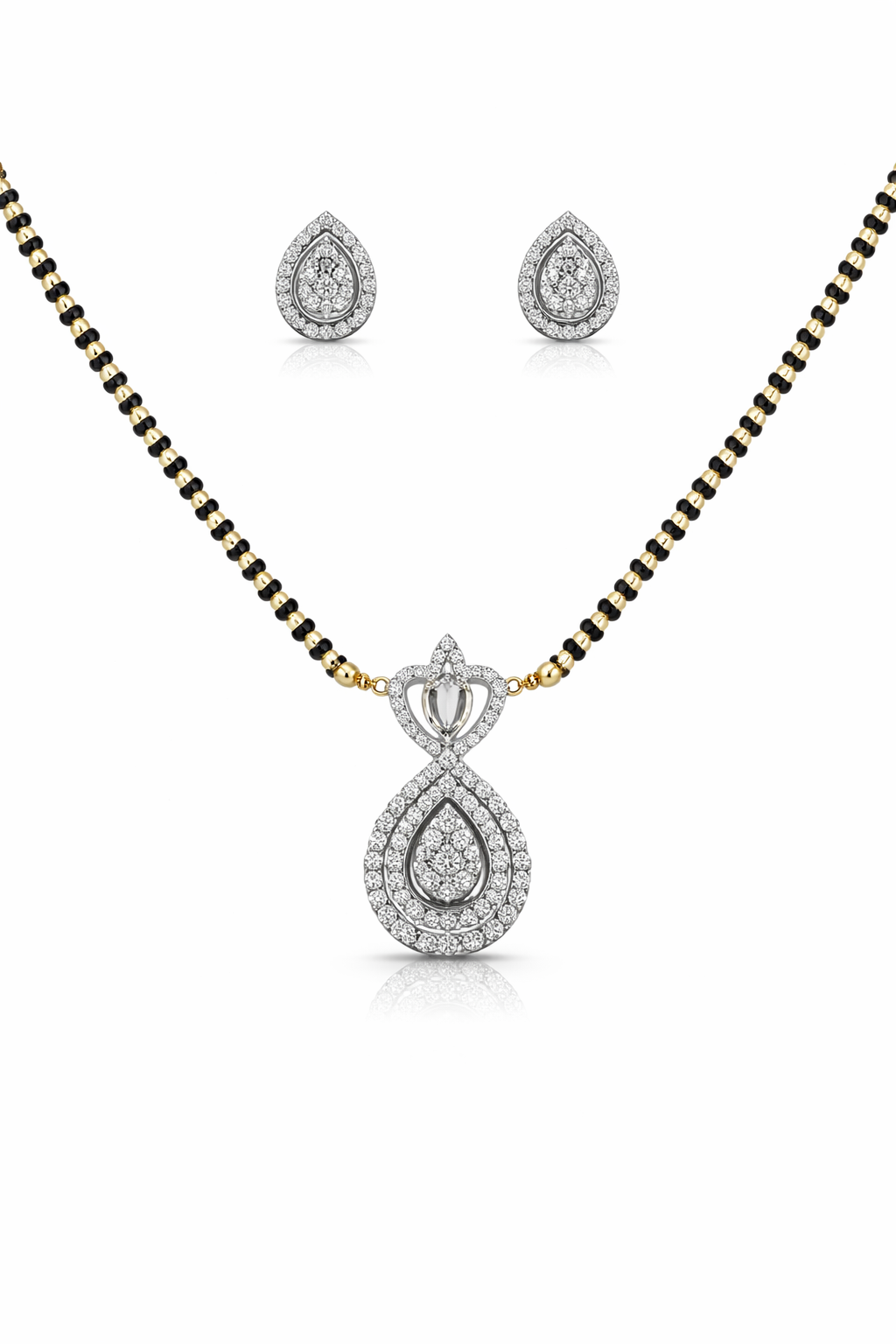 Elegant American Diamond Mangalsutra Set for Women | Teardrop Pendant with Matching Earrings | Gold & Black Beaded Chain