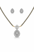 Elegant American Diamond Mangalsutra Set for Women | Teardrop Pendant with Matching Earrings | Gold & Black Beaded Chain