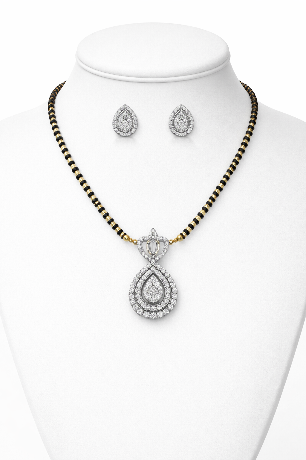 Elegant American Diamond Mangalsutra Set for Women | Teardrop Pendant with Matching Earrings | Gold & Black Beaded Chain