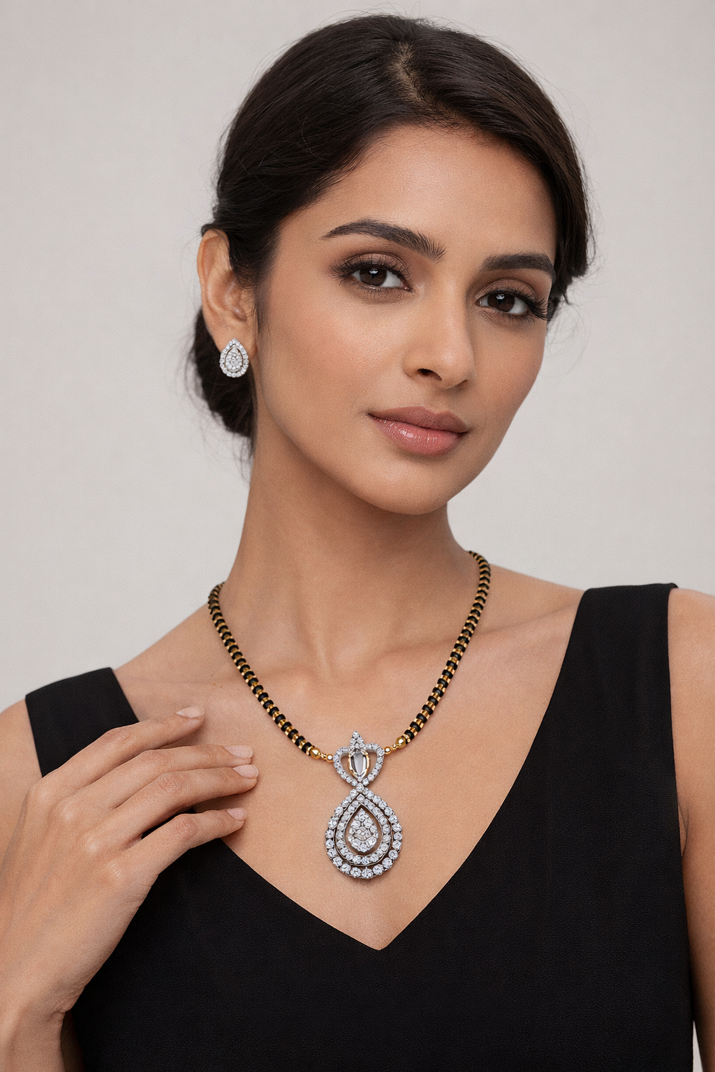 Elegant American Diamond Mangalsutra Set for Women | Teardrop Pendant with Matching Earrings | Gold & Black Beaded Chain