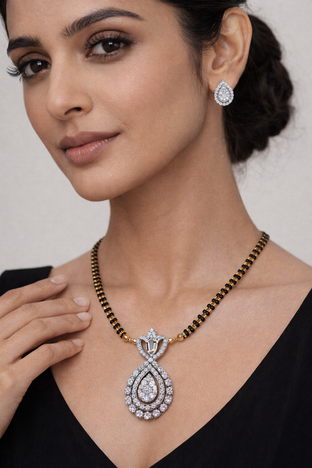 Elegant American Diamond Mangalsutra Set for Women | Teardrop Pendant with Matching Earrings | Gold & Black Beaded Chain