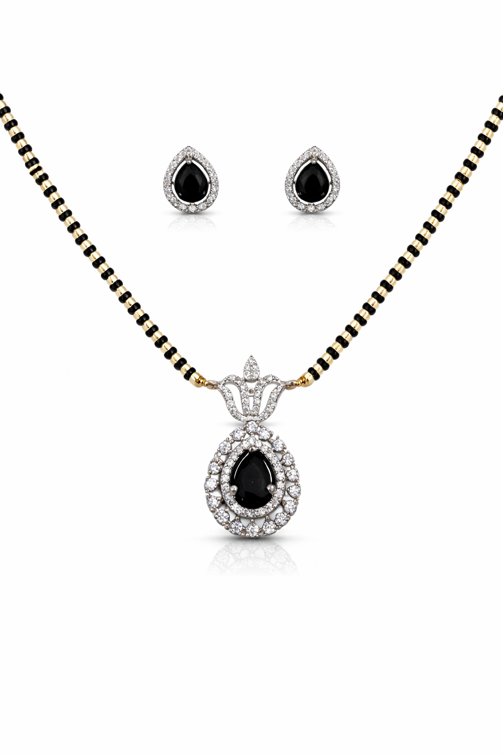 Classic Black Stone American Diamond Mangalsutra Set for Women | Elegant Pendant with Matching Earrings | Gold & Black Beaded Chain