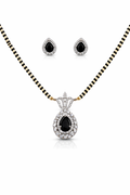 Classic Black Stone American Diamond Mangalsutra Set for Women | Elegant Pendant with Matching Earrings | Gold & Black Beaded Chain