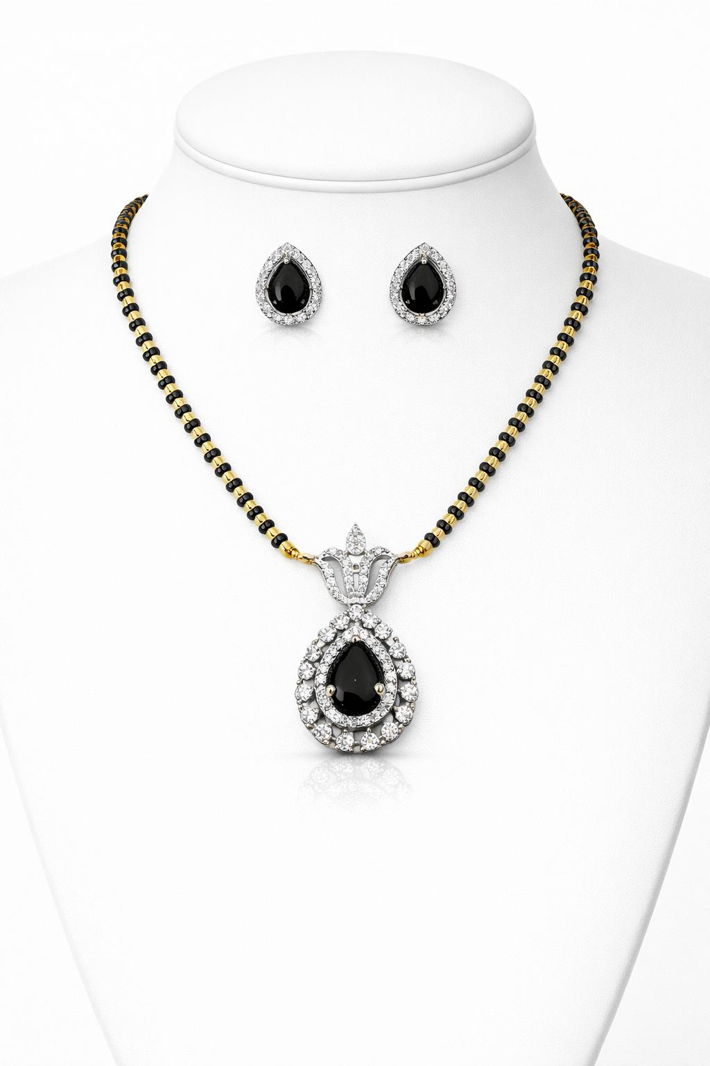 Classic Black Stone American Diamond Mangalsutra Set for Women | Elegant Pendant with Matching Earrings | Gold & Black Beaded Chain