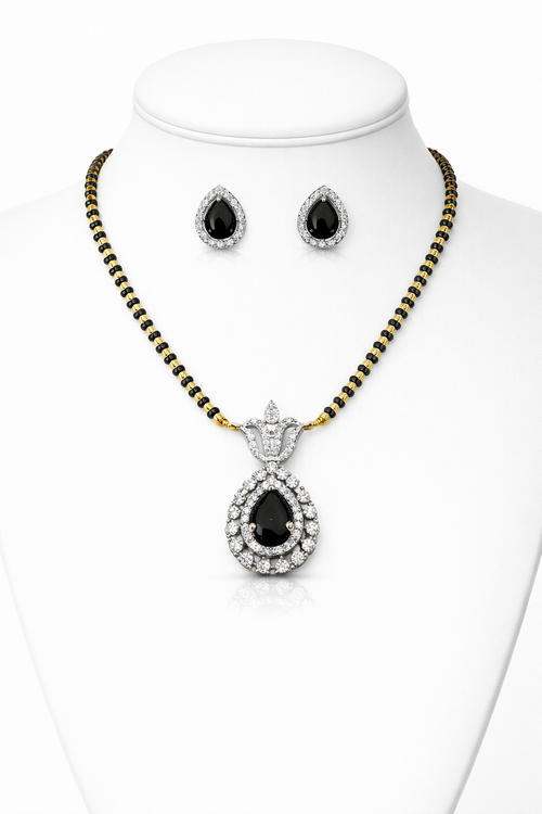 Classic Black Stone American Diamond Mangalsutra Set for Women | Elegant Pendant with Matching Earrings | Gold & Black Beaded Chain