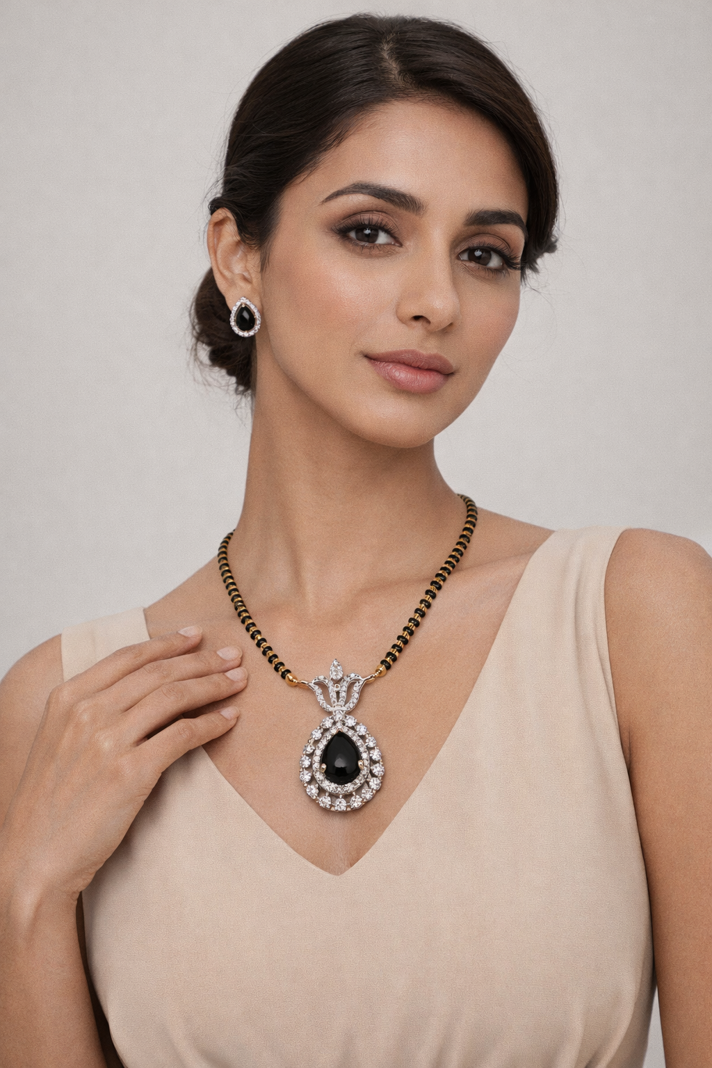 Classic Black Stone American Diamond Mangalsutra Set for Women | Elegant Pendant with Matching Earrings | Gold & Black Beaded Chain