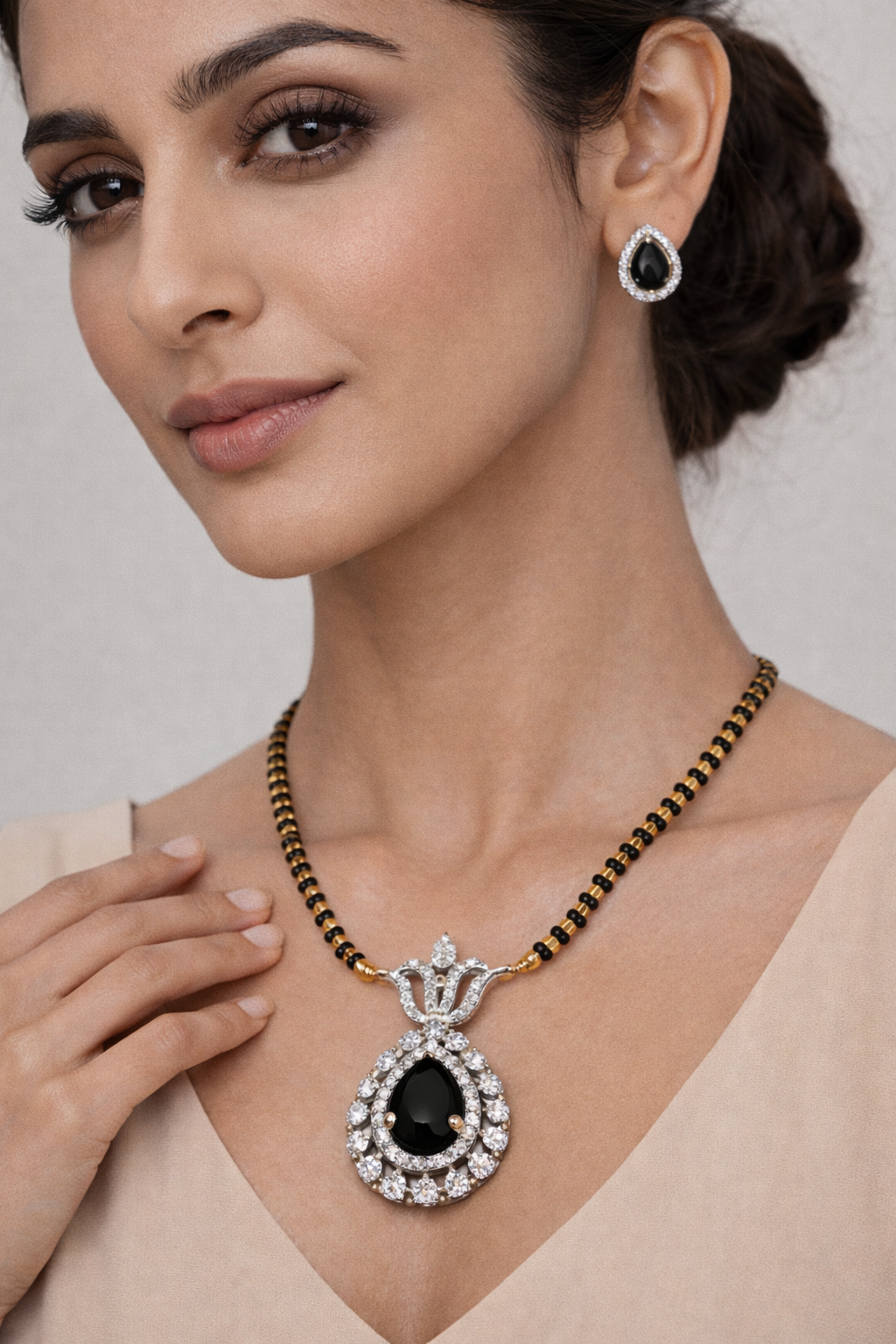 Classic Black Stone American Diamond Mangalsutra Set for Women | Elegant Pendant with Matching Earrings | Gold & Black Beaded Chain