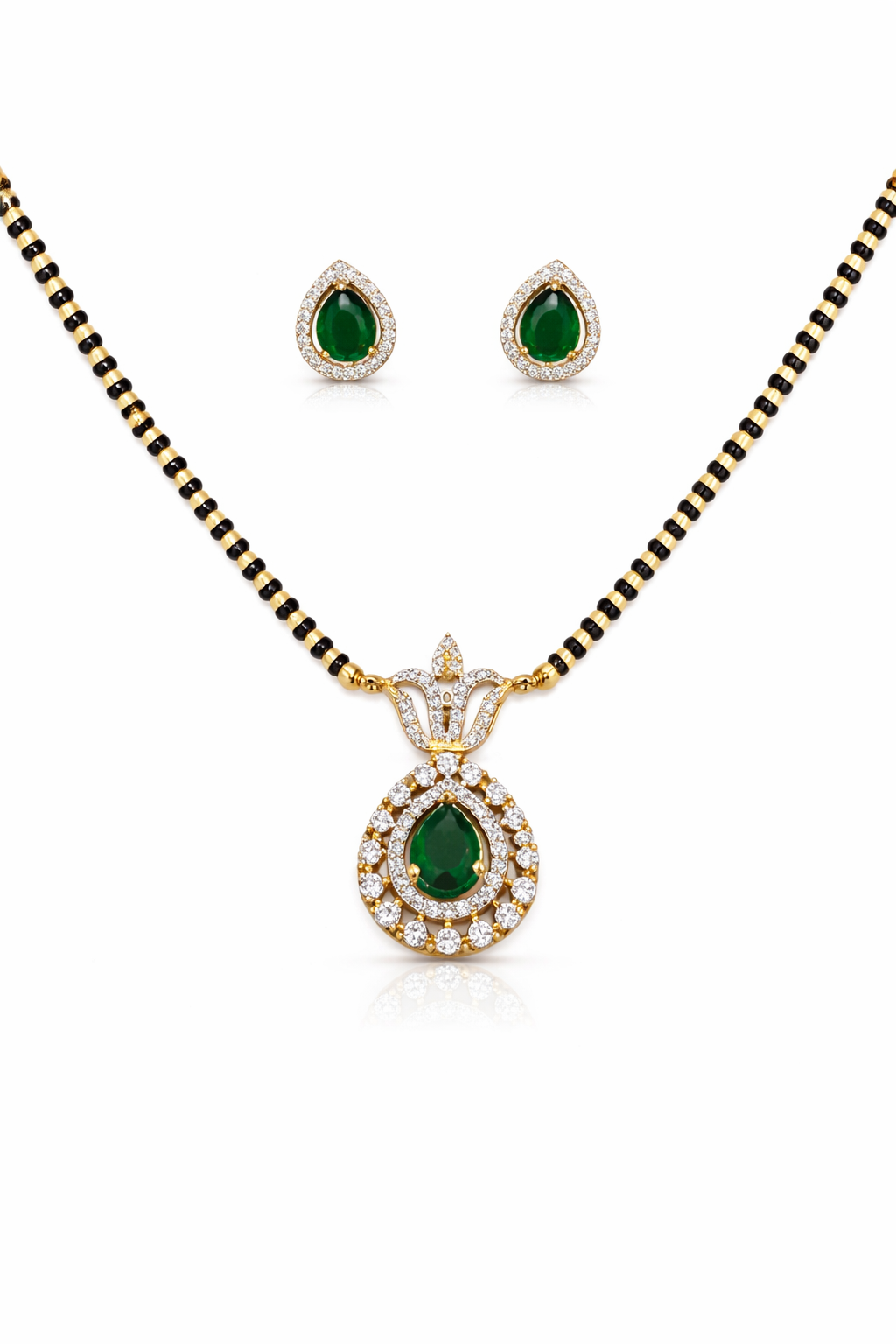 Emerald Green American Diamond Mangalsutra Set for Women | Teardrop Pendant with Matching Earrings | Gold & Black Beaded Chain