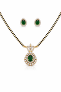 Emerald Green American Diamond Mangalsutra Set for Women | Teardrop Pendant with Matching Earrings | Gold & Black Beaded Chain