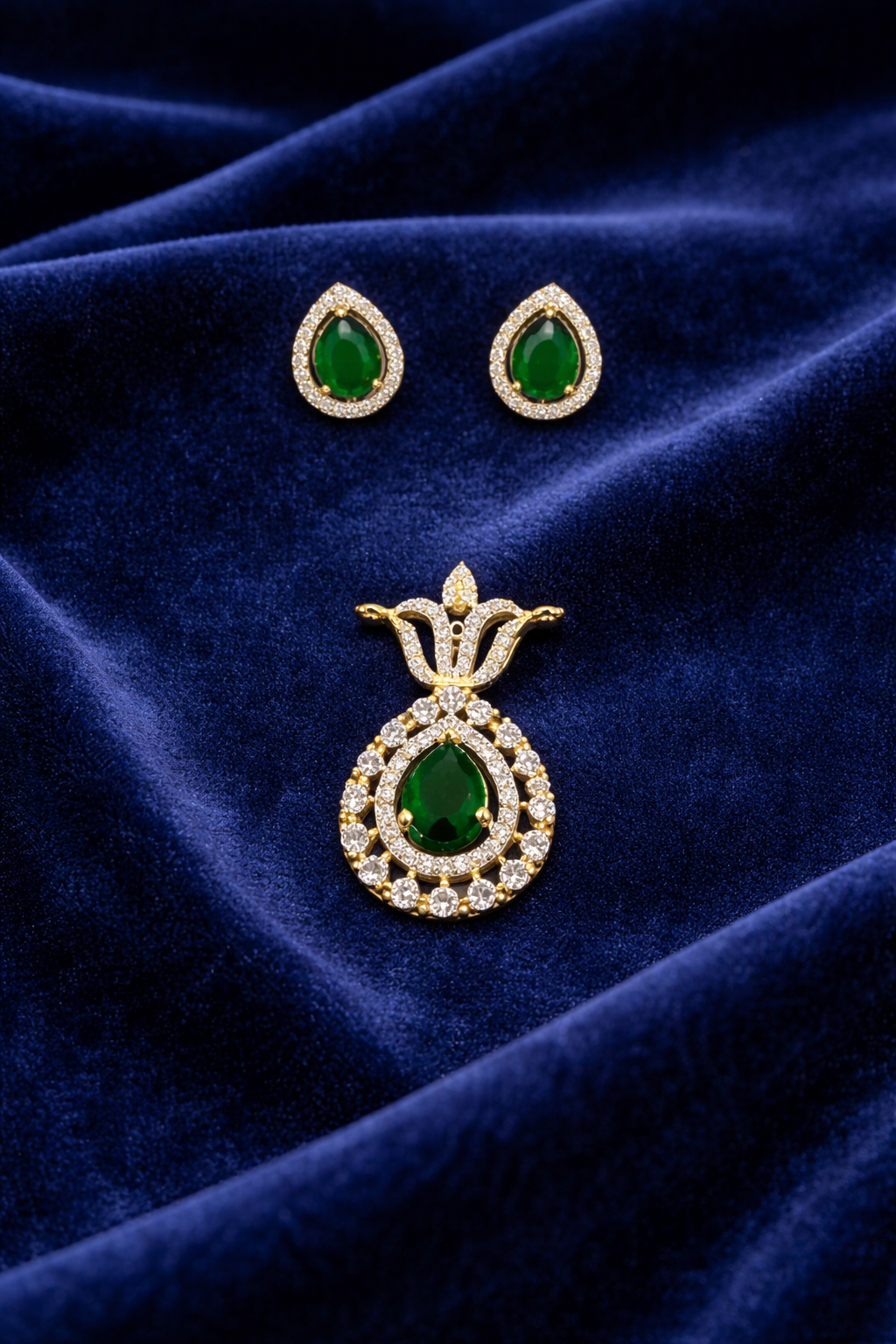 Emerald Green American Diamond Mangalsutra Set for Women | Teardrop Pendant with Matching Earrings | Gold & Black Beaded Chain