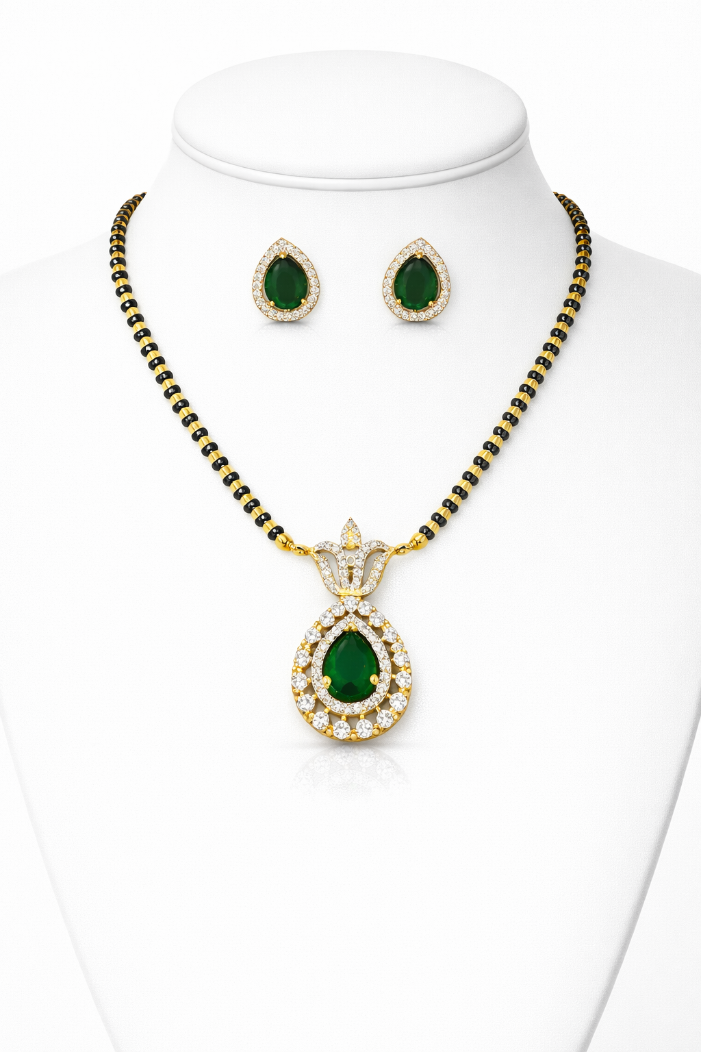 Emerald Green American Diamond Mangalsutra Set for Women | Teardrop Pendant with Matching Earrings | Gold & Black Beaded Chain