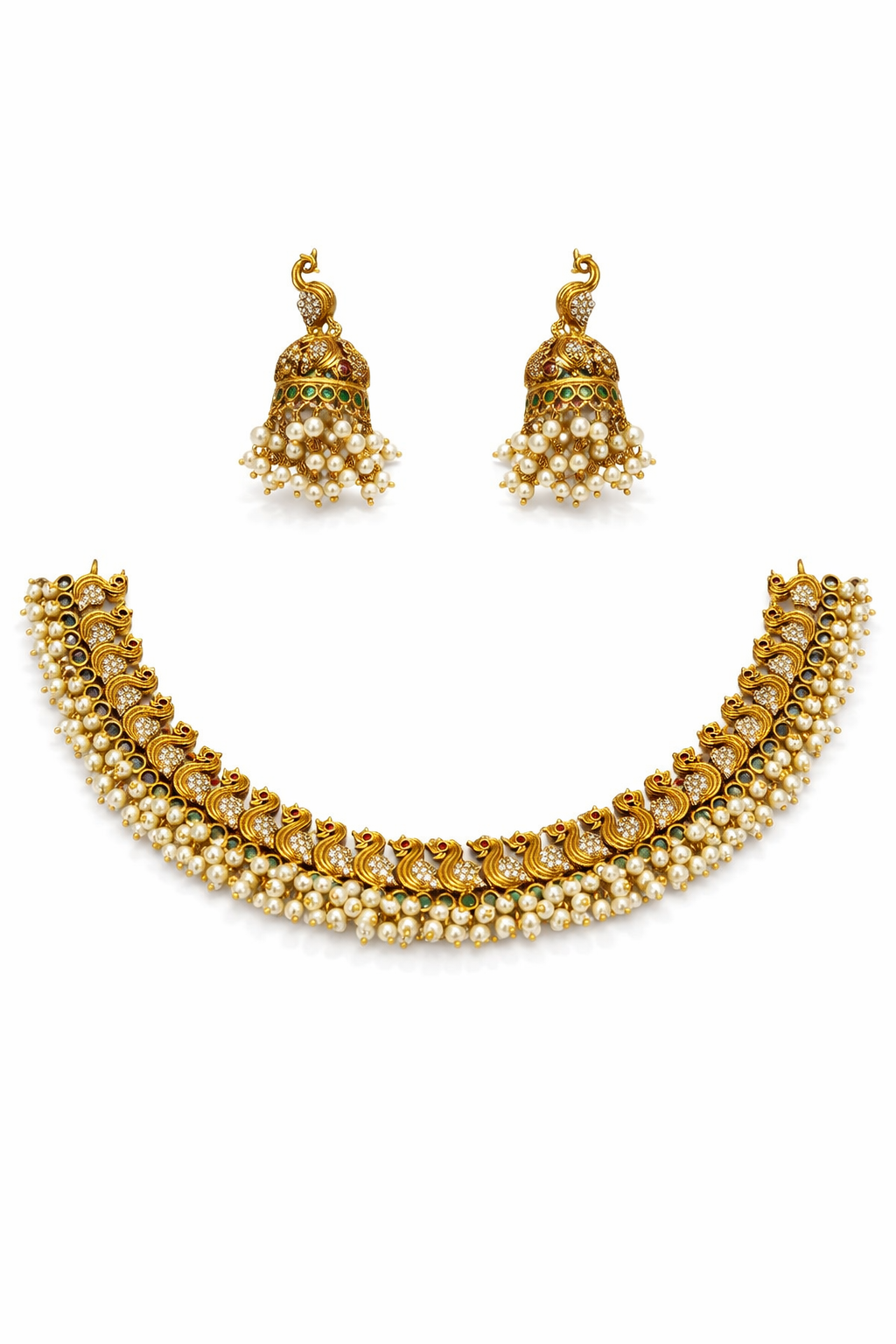 Antique Gold Peacock Choker Necklace Set with Jhumka Earrings