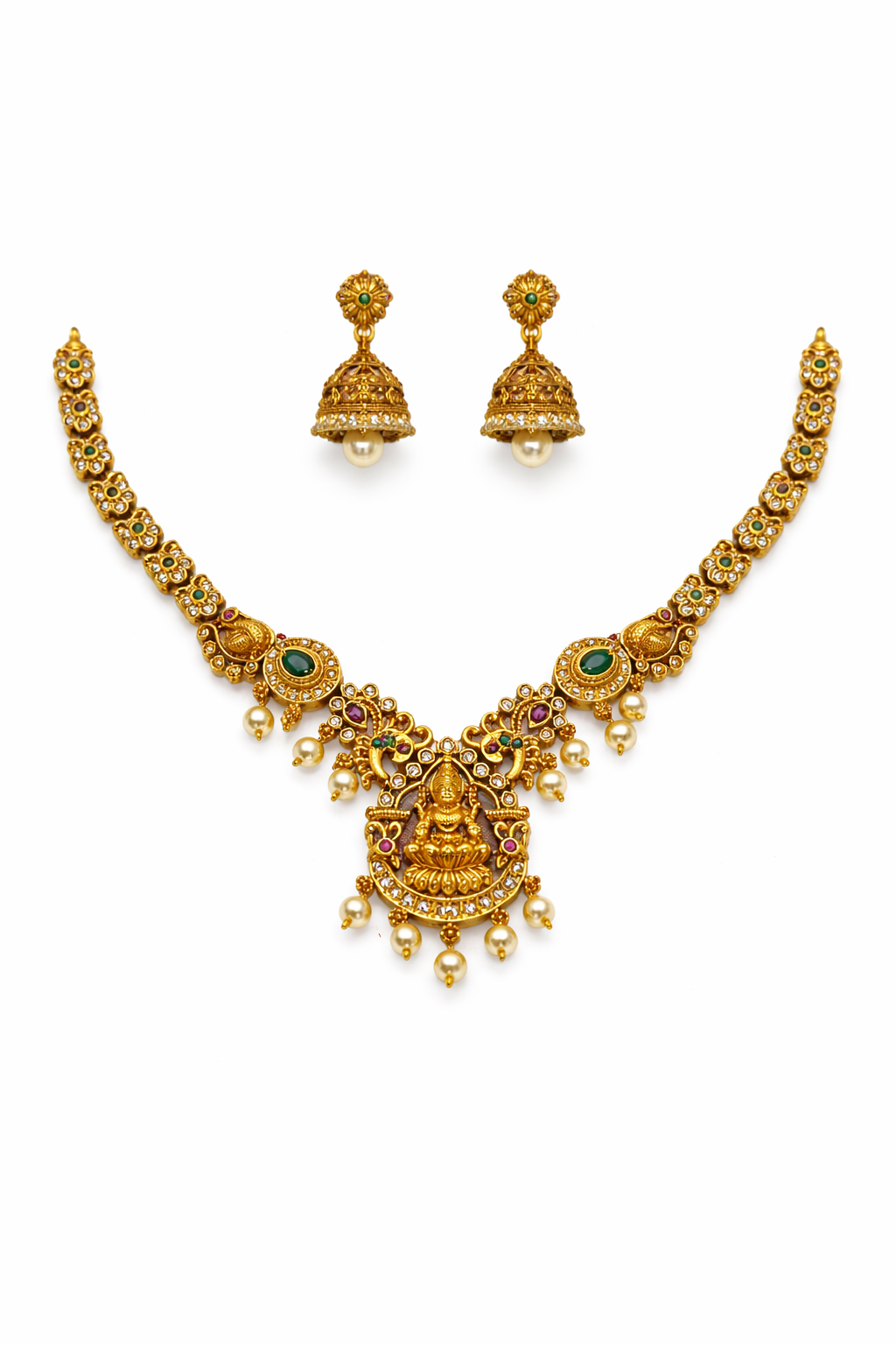 Traditional Antique Gold-Plated Lakshmi Temple Necklace Set with Jhumka Earrings | Green & Ruby Stone Bridal Jewellery | South Indian Wedding Jewellery for Women