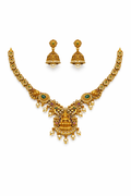 Traditional Antique Gold-Plated Lakshmi Temple Necklace Set with Jhumka Earrings | Green & Ruby Stone Bridal Jewellery | South Indian Wedding Jewellery for Women