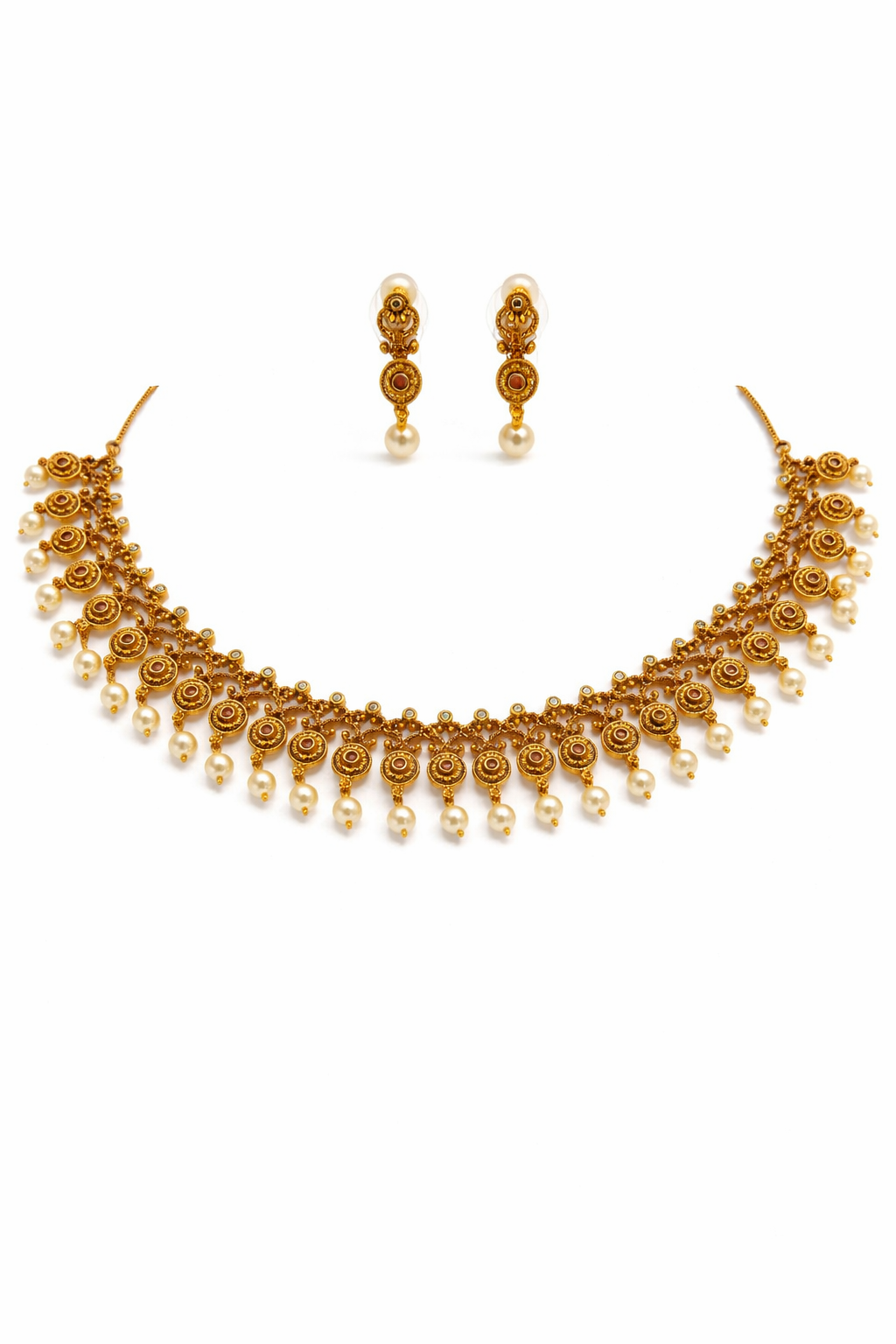 Traditional Coin Design Necklace Set with Pearl Drops
