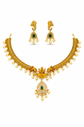Antique Ganesh Temple Necklace Set with Green Stone Pendant