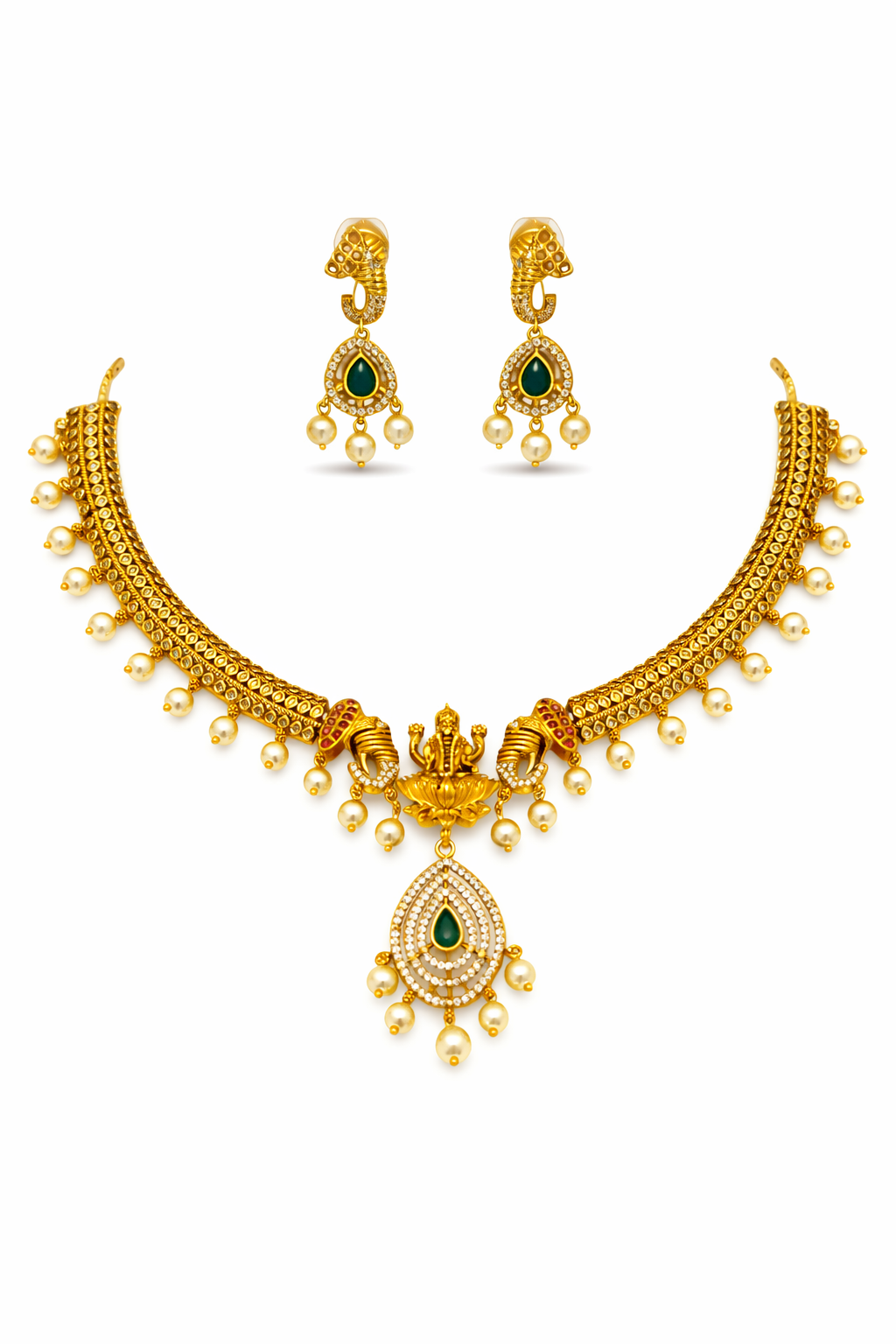 Antique Ganesh Temple Necklace Set with Green Stone Pendant