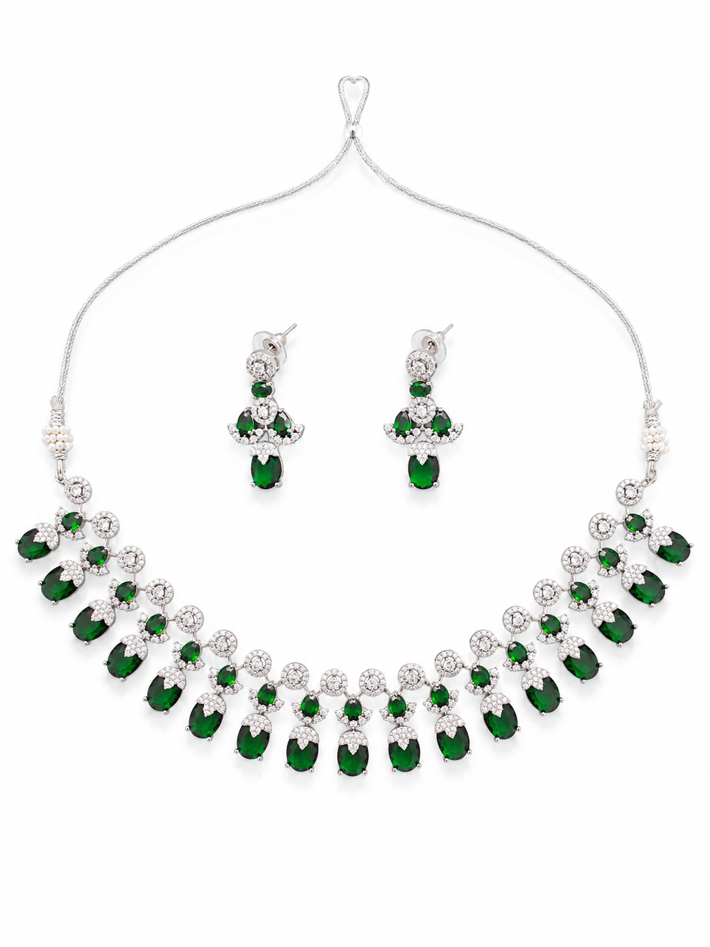 Emerald Green American Diamond Necklace Set for Women | Silver Plated CZ Bridal & Party Wear Jewelry with Matching Earrings