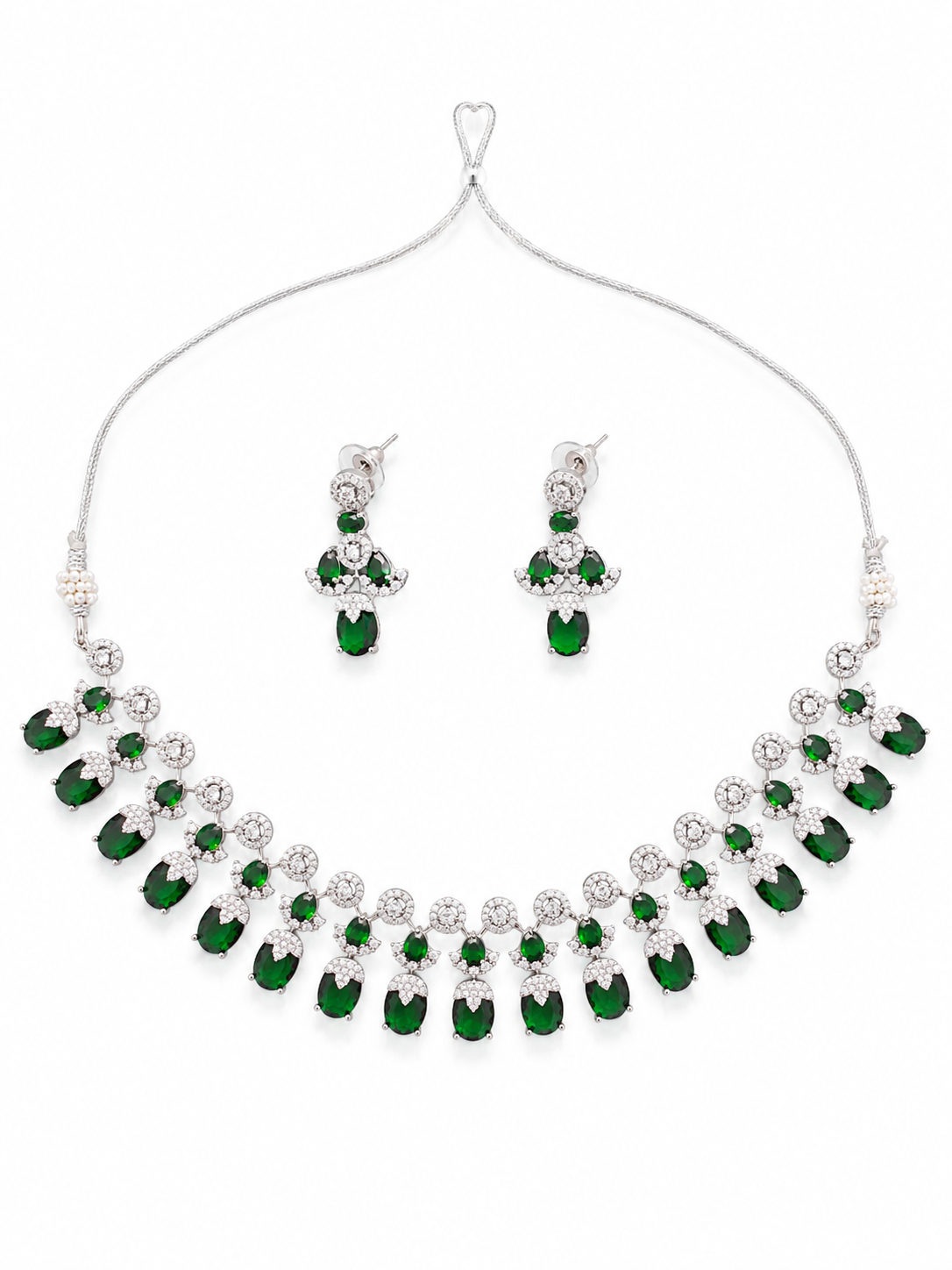 Emerald Green American Diamond Necklace Set for Women | Silver Plated CZ Bridal & Party Wear Jewelry with Matching Earrings
