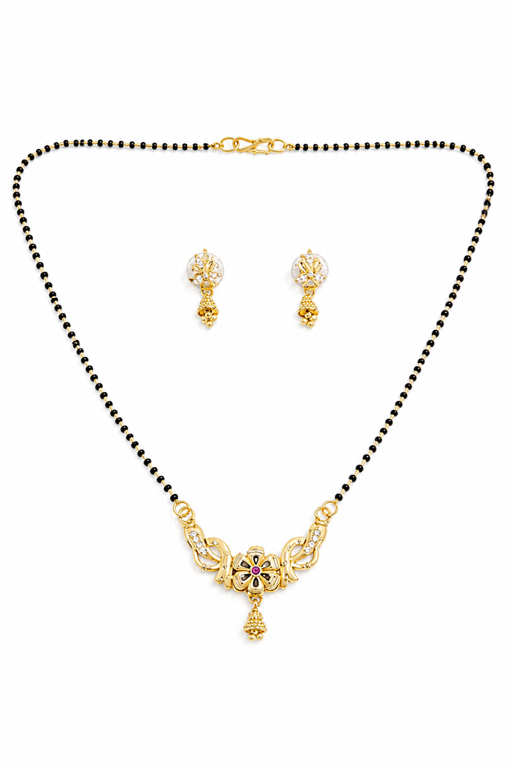 Gold-Plated Traditional Mangalsutra Set with American Diamond Floral Pendant and Matching Earrings for Women