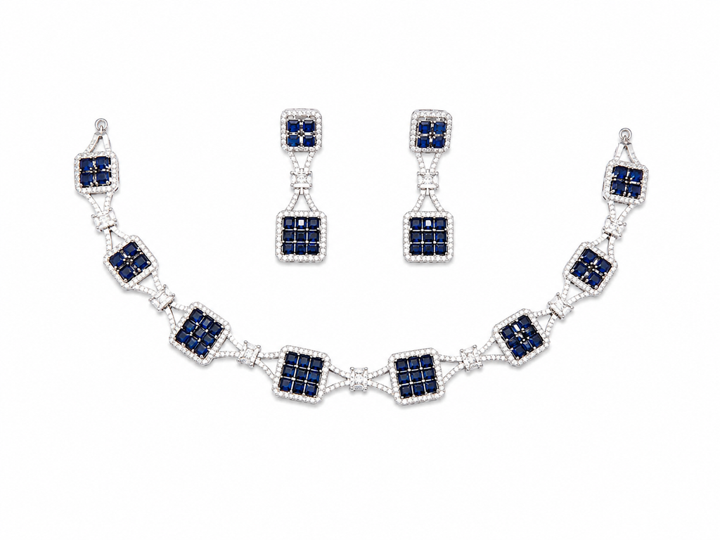 Luxury Silver-Plated Blue Stone Geometric Necklace Set with Matching Earrings | Cubic Zirconia Party & Wedding Jewellery for Women