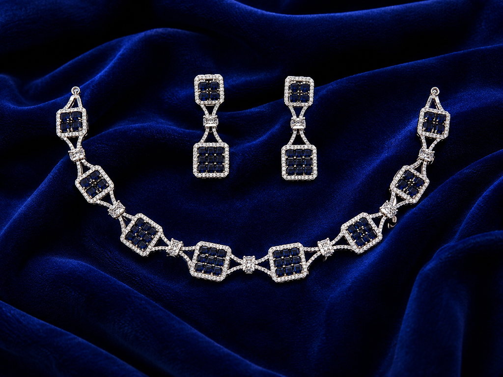 Luxury Silver-Plated Blue Stone Geometric Necklace Set with Matching Earrings | Cubic Zirconia Party & Wedding Jewellery for Women
