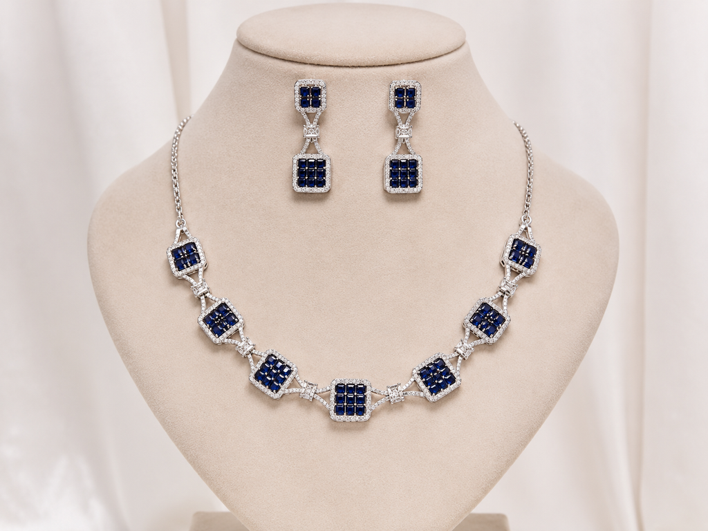 Luxury Silver-Plated Blue Stone Geometric Necklace Set with Matching Earrings | Cubic Zirconia Party & Wedding Jewellery for Women