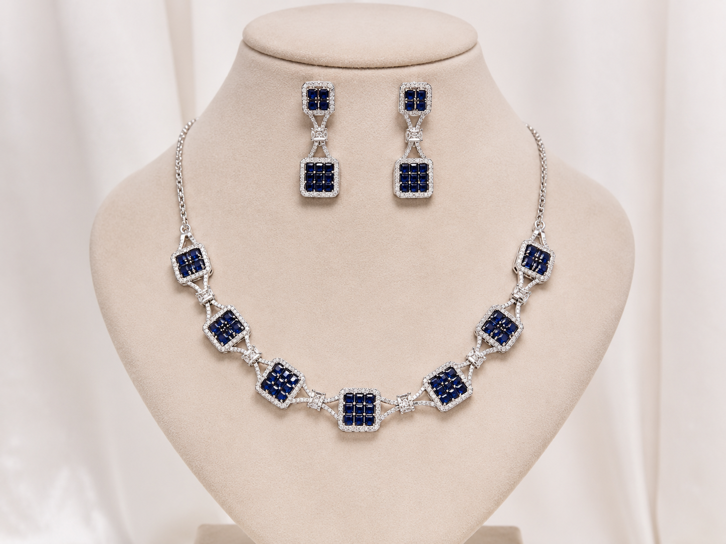 Luxury Silver-Plated Blue Stone Geometric Necklace Set with Matching Earrings | Cubic Zirconia Party & Wedding Jewellery for Women