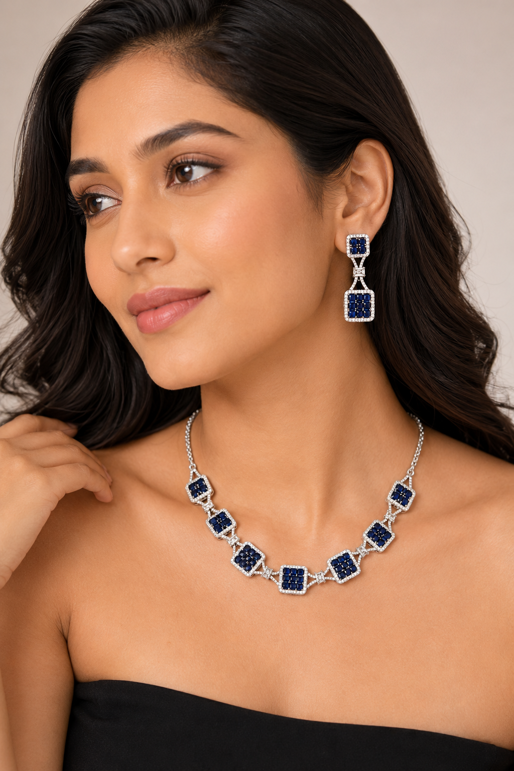 Luxury Silver-Plated Blue Stone Geometric Necklace Set with Matching Earrings | Cubic Zirconia Party & Wedding Jewellery for Women
