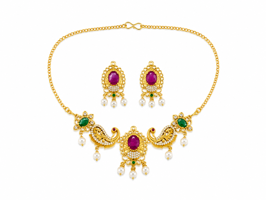 Traditional Gold-Plated Peacock Necklace Set with Ruby Green Stones & Pearl Drops | Ethnic Bridal Jewellery Set for Women