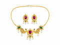Traditional Gold-Plated Peacock Necklace Set with Ruby Green Stones & Pearl Drops | Ethnic Bridal Jewellery Set for Women