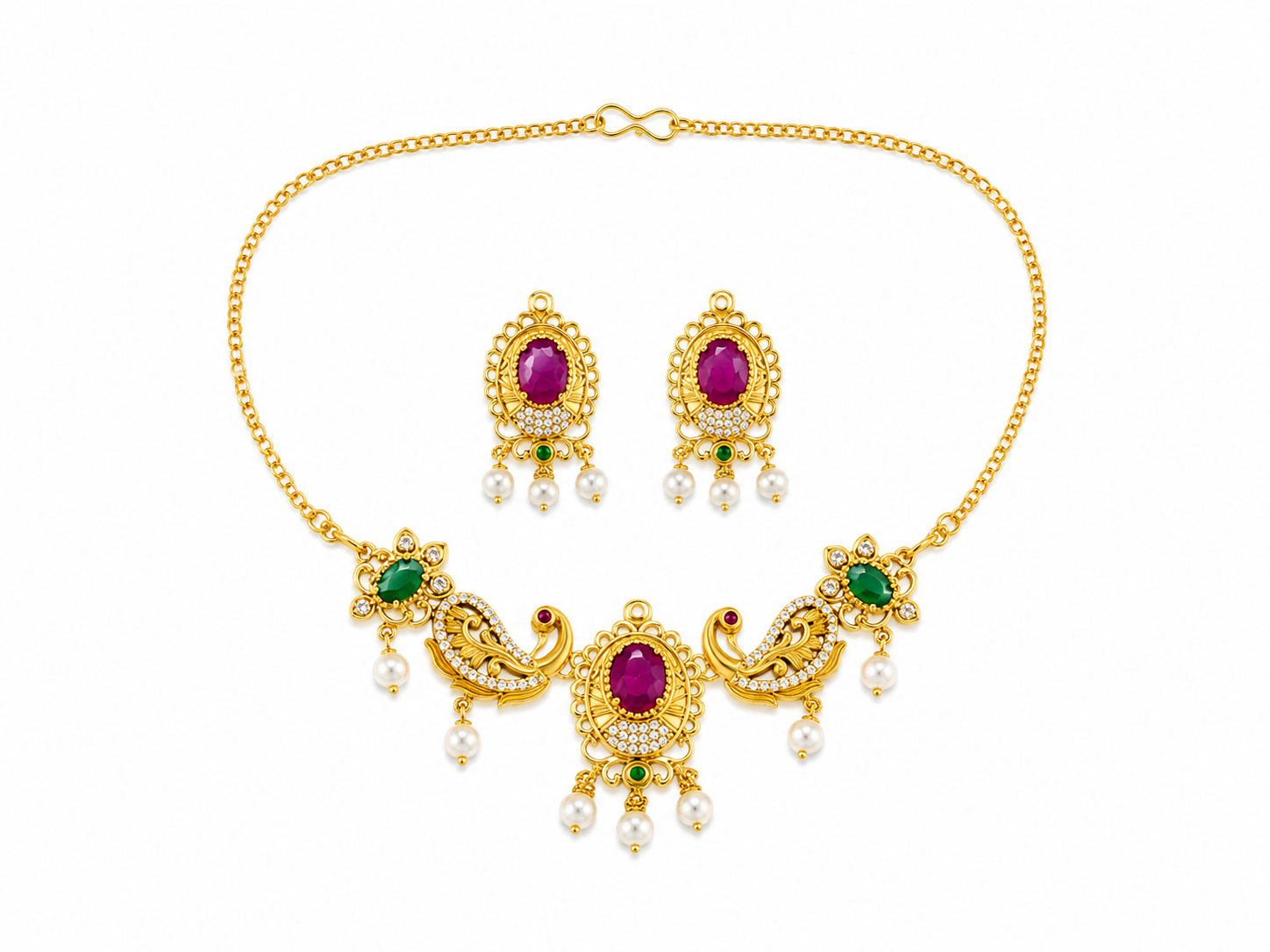 Traditional Gold-Plated Peacock Necklace Set with Ruby Green Stones & Pearl Drops | Ethnic Bridal Jewellery Set for Women