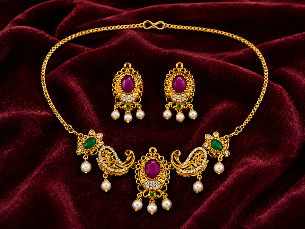 Traditional Gold-Plated Peacock Necklace Set with Ruby Green Stones & Pearl Drops | Ethnic Bridal Jewellery Set for Women
