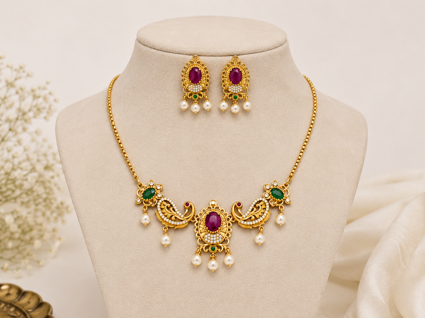 Traditional Gold-Plated Peacock Necklace Set with Ruby Green Stones & Pearl Drops | Ethnic Bridal Jewellery Set for Women