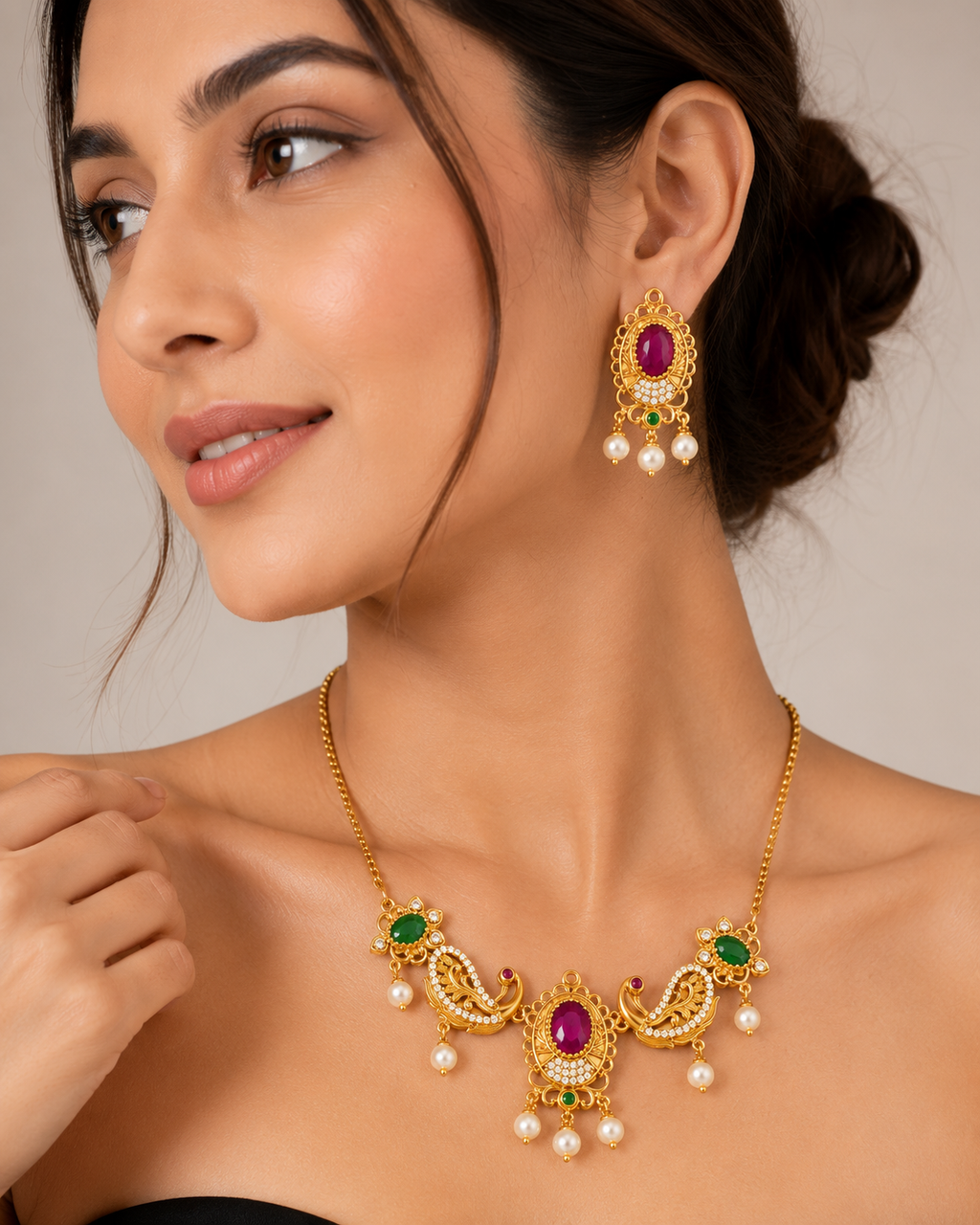 Traditional Gold-Plated Peacock Necklace Set with Ruby Green Stones & Pearl Drops | Ethnic Bridal Jewellery Set for Women