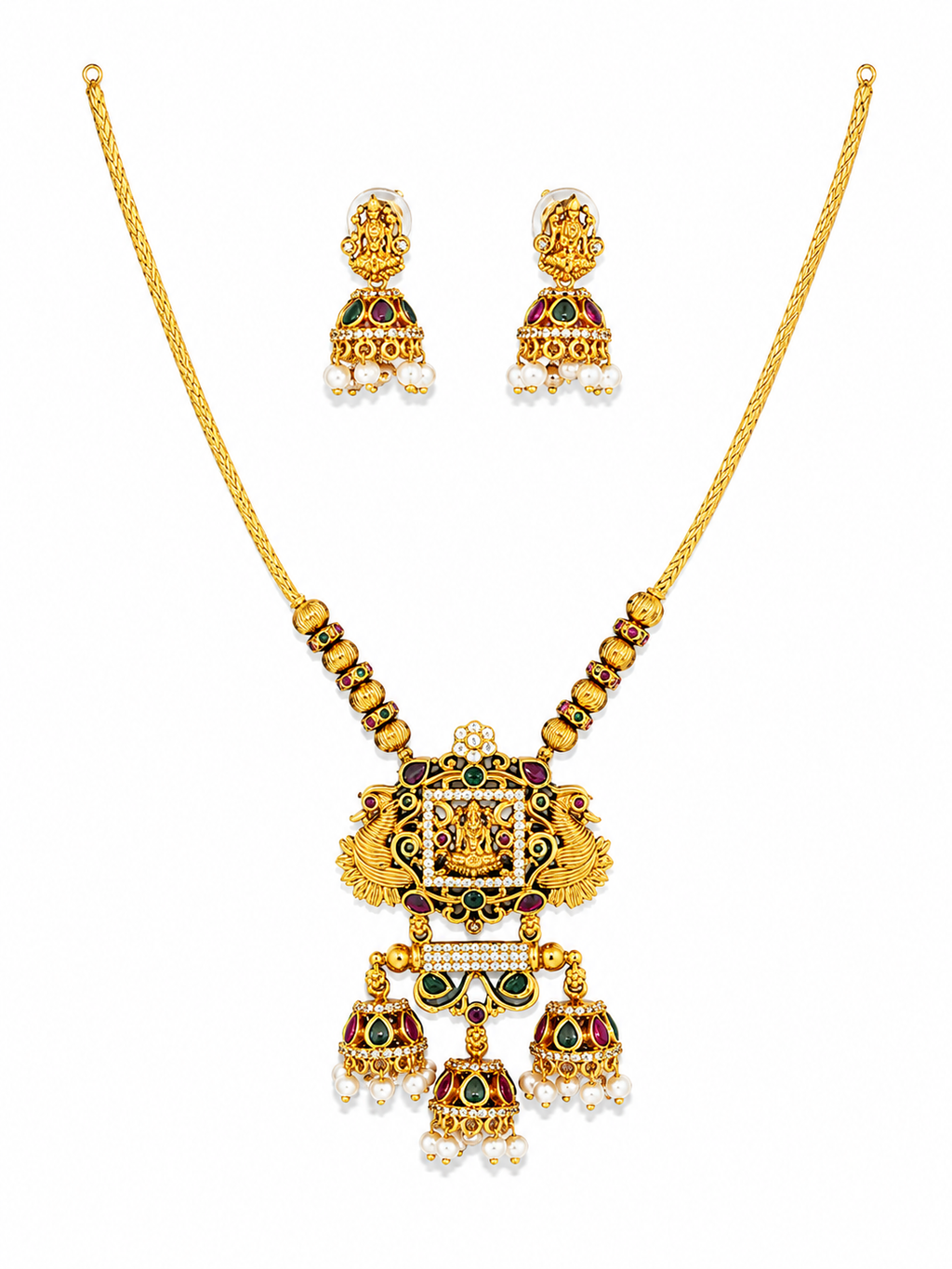 Traditional Temple Necklace Set with Jhumka Earrings | Antique Gold Plated Bridal Jewellery