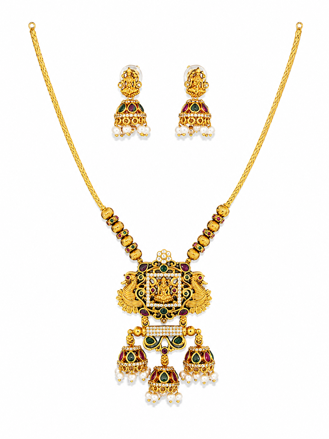 Traditional Temple Necklace Set with Jhumka Earrings | Antique Gold Plated Bridal Jewellery