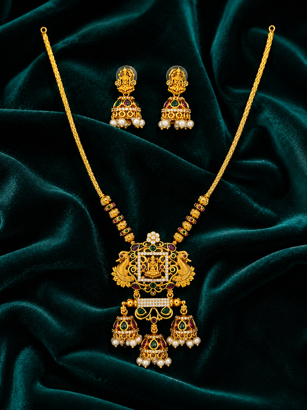 Traditional Temple Necklace Set with Jhumka Earrings | Antique Gold Plated Bridal Jewellery