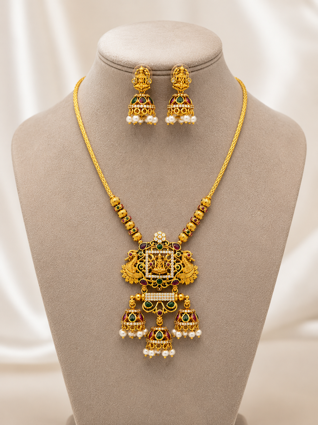 Traditional Temple Necklace Set with Jhumka Earrings | Antique Gold Plated Bridal Jewellery