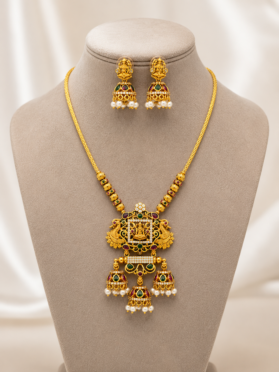 Traditional Temple Necklace Set with Jhumka Earrings | Antique Gold Plated Bridal Jewellery