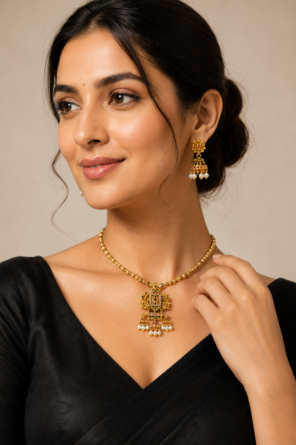 Traditional Temple Necklace Set with Jhumka Earrings | Antique Gold Plated Bridal Jewellery