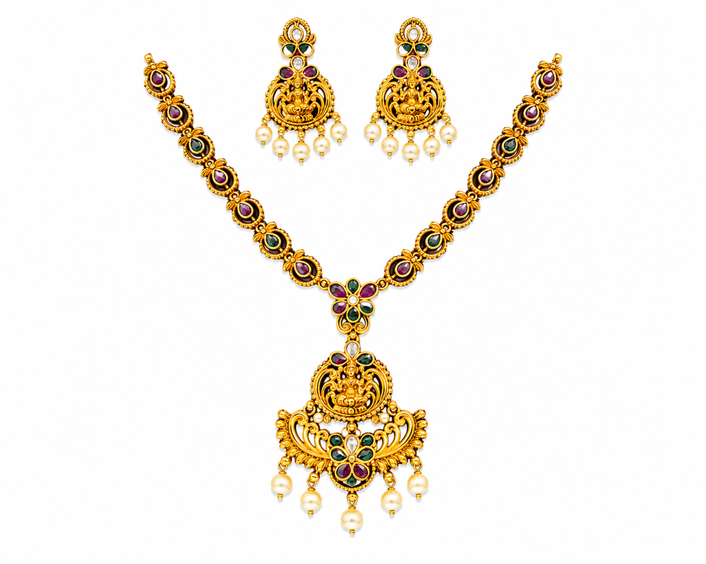 Traditional Temple Necklace Set with Matching Earrings | Antique Gold Plated Ethnic Jewellery