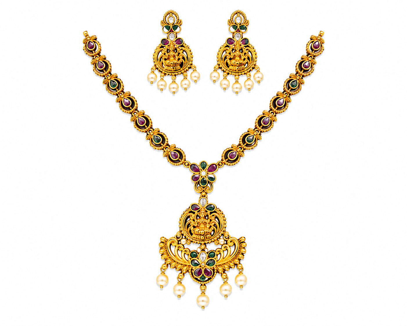 Traditional Temple Necklace Set with Matching Earrings | Antique Gold Plated Ethnic Jewellery