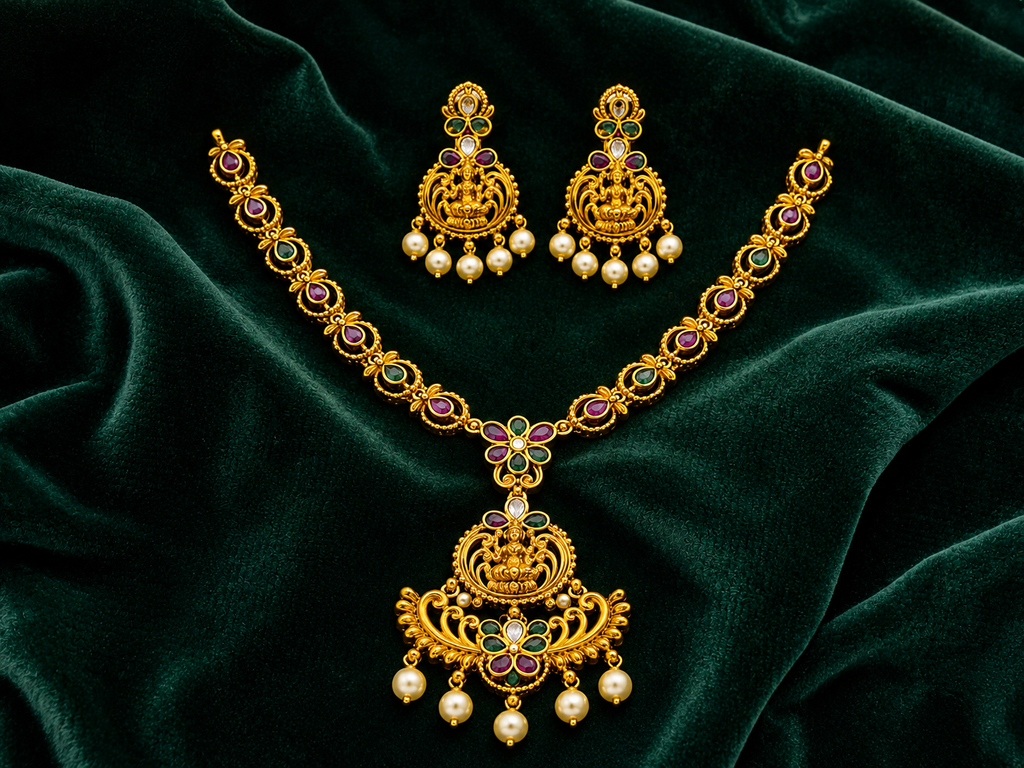 Traditional Temple Necklace Set with Matching Earrings | Antique Gold Plated Ethnic Jewellery