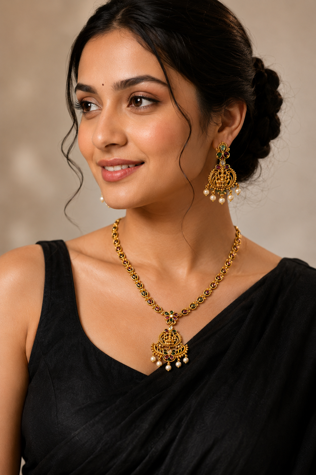 Traditional Temple Necklace Set with Matching Earrings | Antique Gold Plated Ethnic Jewellery