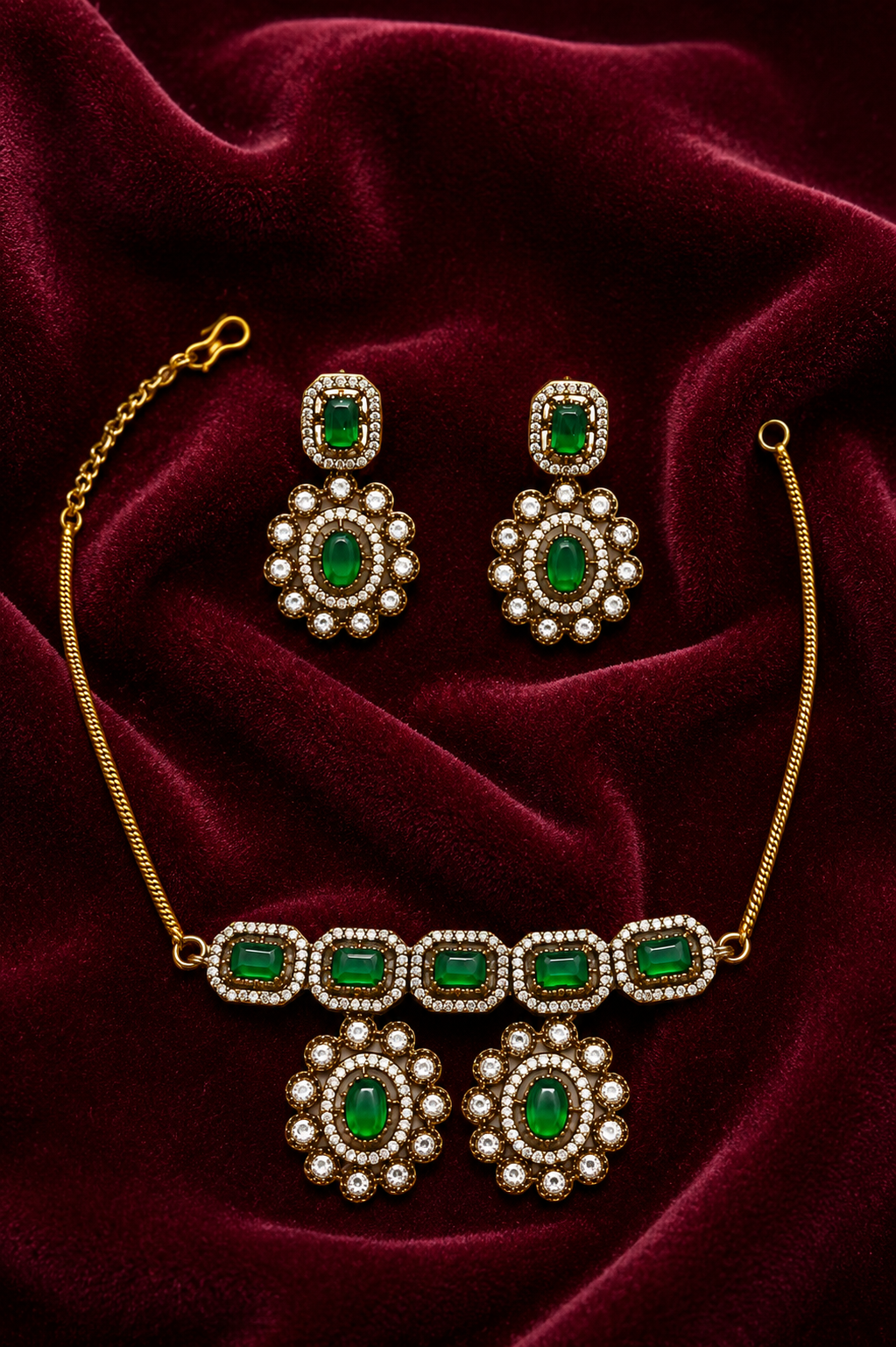Emerald Green Stone Necklace Set with Matching Earrings | Gold Plated Party Wear Jewellery