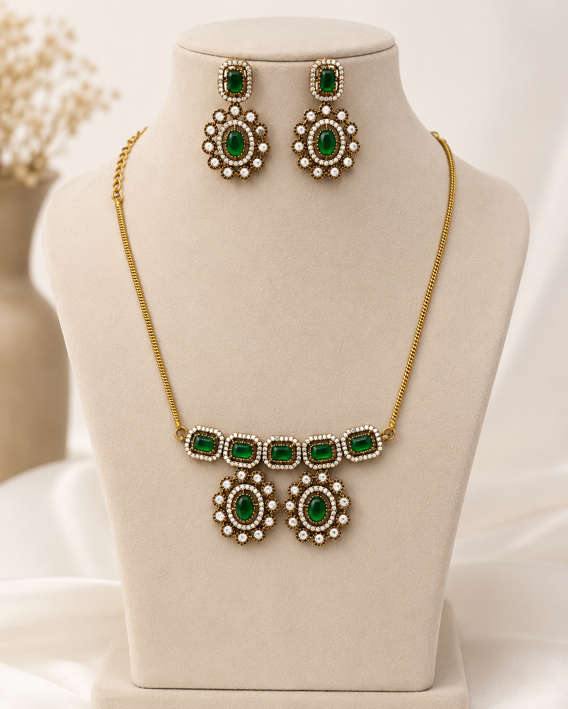 Emerald Green Stone Necklace Set with Matching Earrings | Gold Plated Party Wear Jewellery